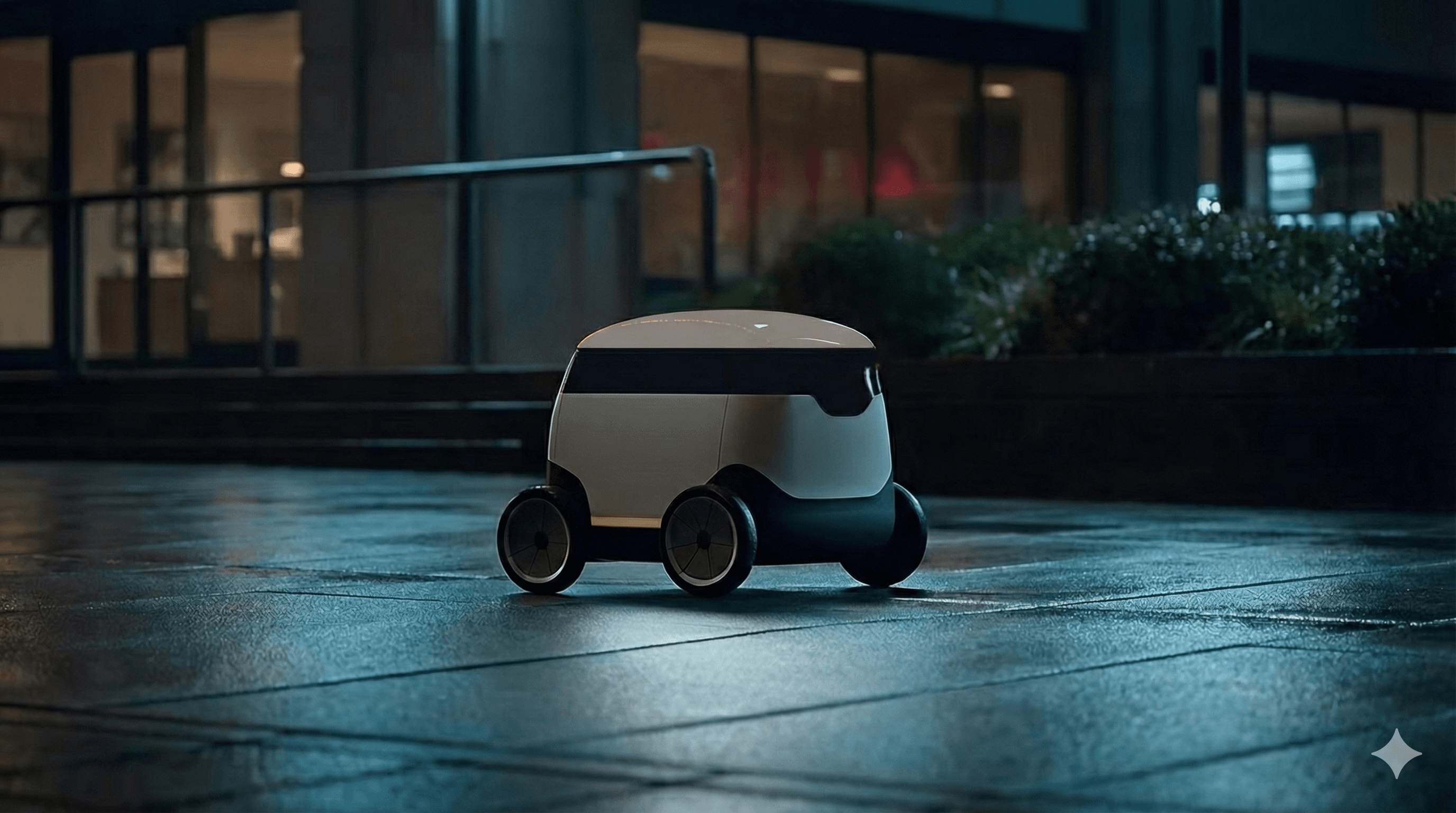 Delivery robot on a city street at night